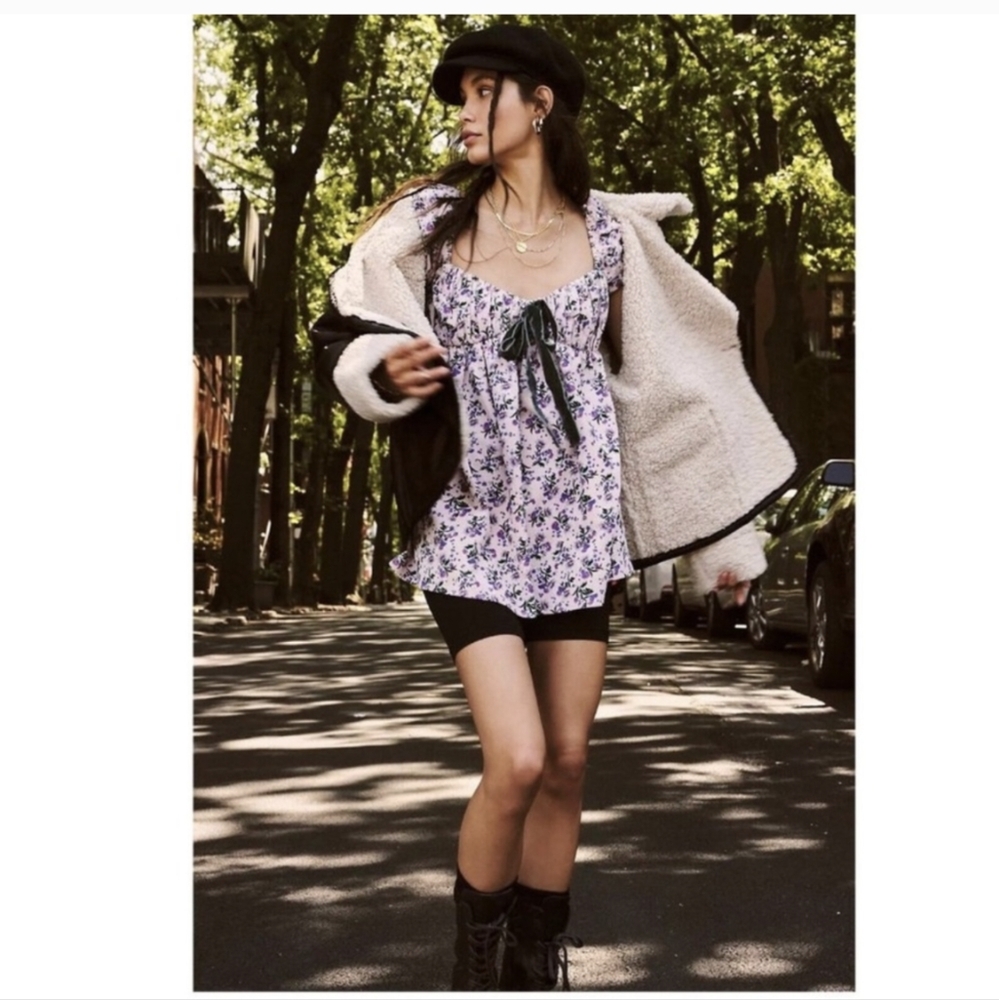 Free People Gaia Printed Tunic Lilac Floral Corduroy Bow Floral Mini Dress - Picture 2 of 11